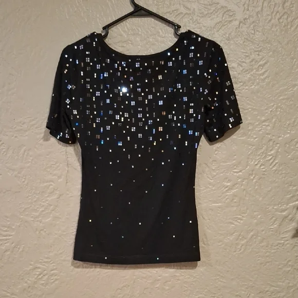 St. John Black Sequin Fitted Short Sleeve Blouse - Picture 2 of 5